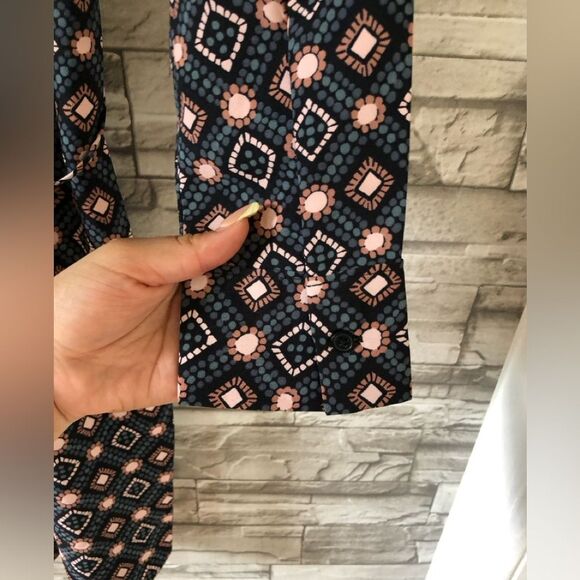 LOFT || Multicolor Geometric Long Sleeve ShirtTail Round Neck Mini Dress S - Picture 5 of 11